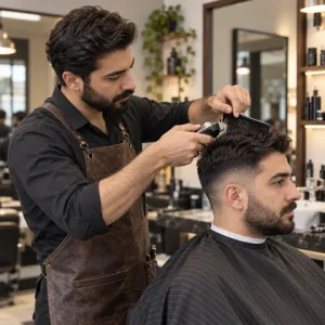 آرایشگر در حال بررسی و کنترل طول مو با شانه